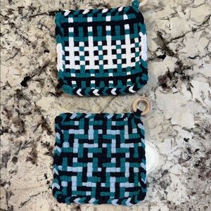 Handwoven Teal and Black Pot Holders